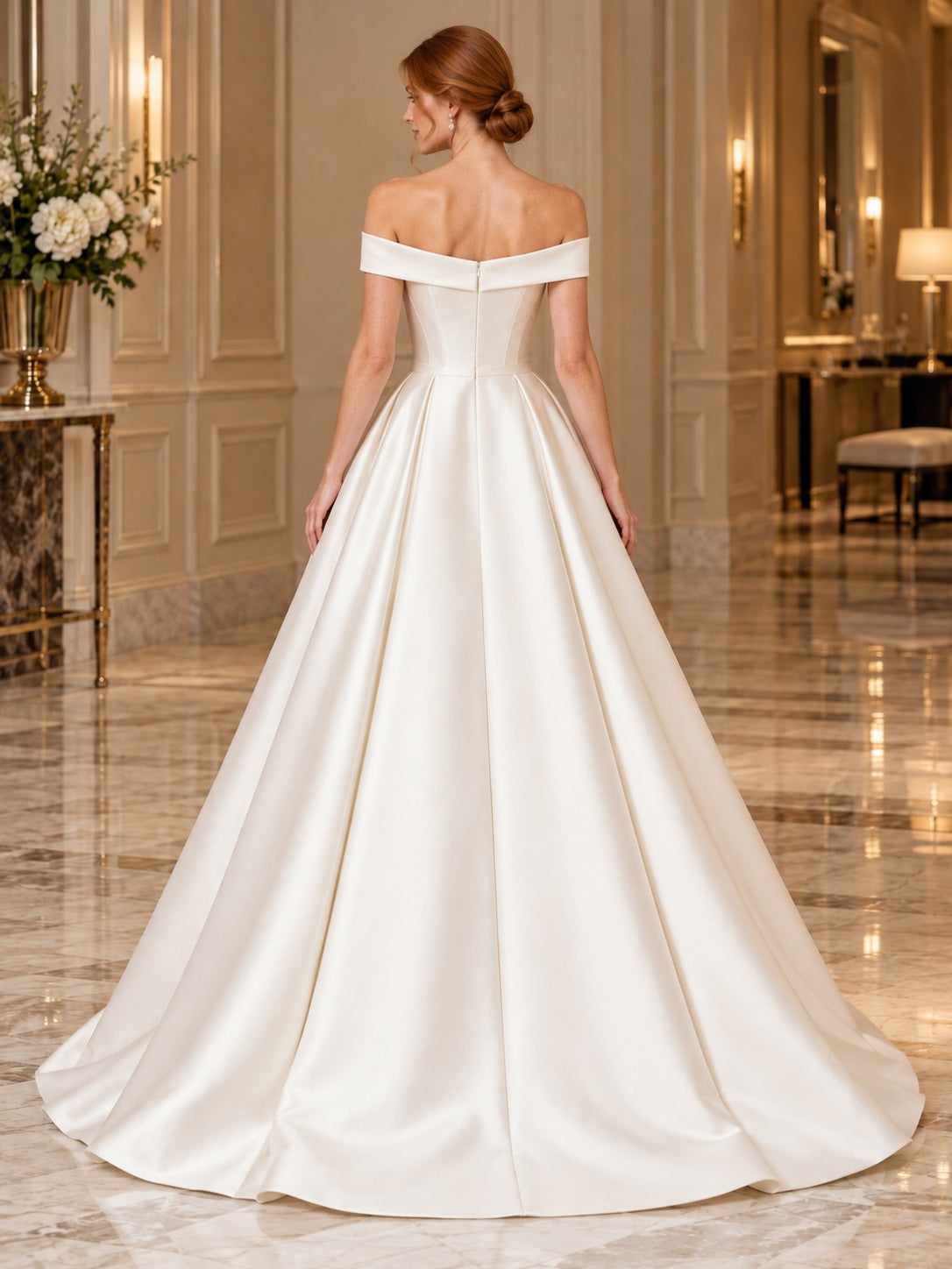 Simple Off Shoulder A-line Satin Pleated Sweep Train Reception Wedding Dress — image 2, style 747922