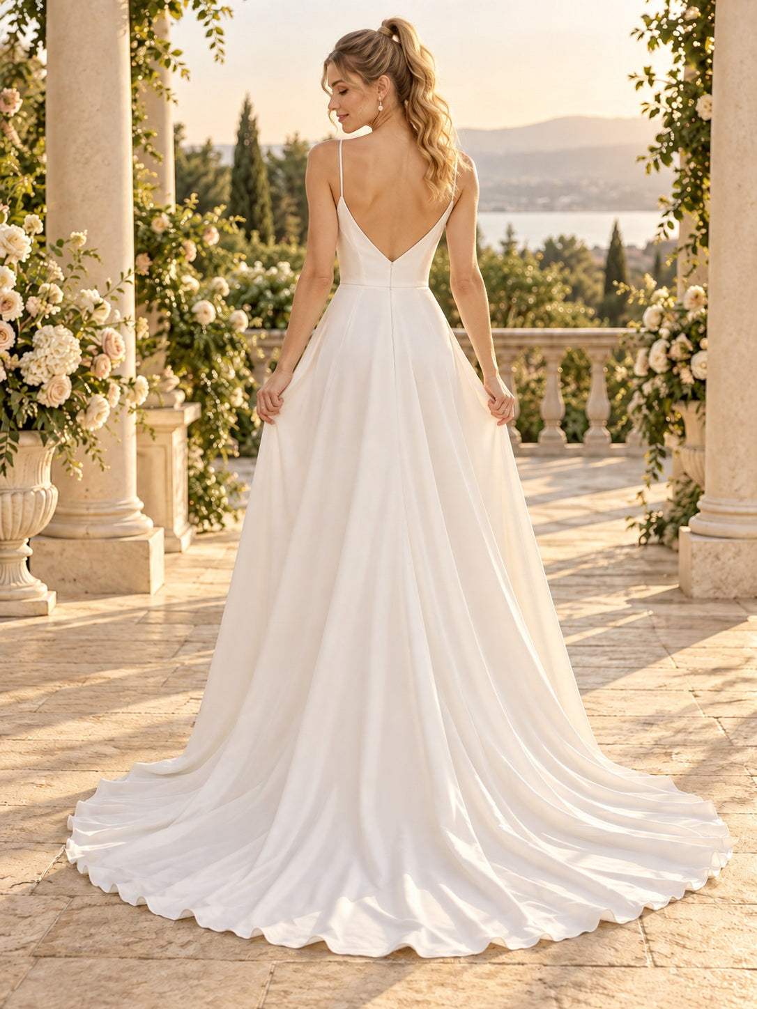 Vestido de novia de gasa en marfil, línea A, escote en V, sin mangas y cola corta