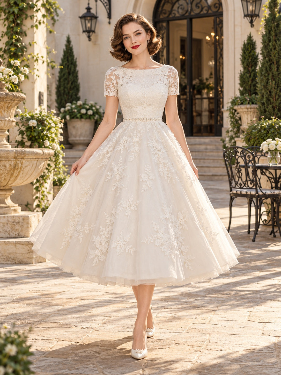 Robe de mariée vintage longueur thé, coupe trapèze, col bijou, dentelle florale et manches courtes
