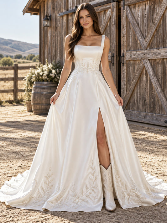 Robe de mariée western en satin et dentelle, coupe trapèze, encolure carrée, fente et traîne