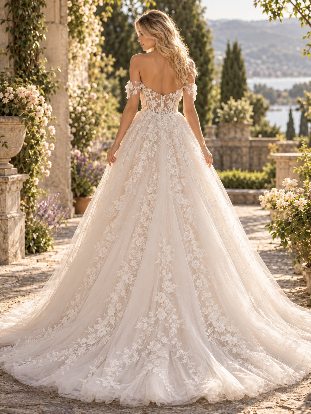 Vestido de novia de encaje y tul en marfil, corte princesa, hombros descubiertos y escote corazón, manga corta y cola corta