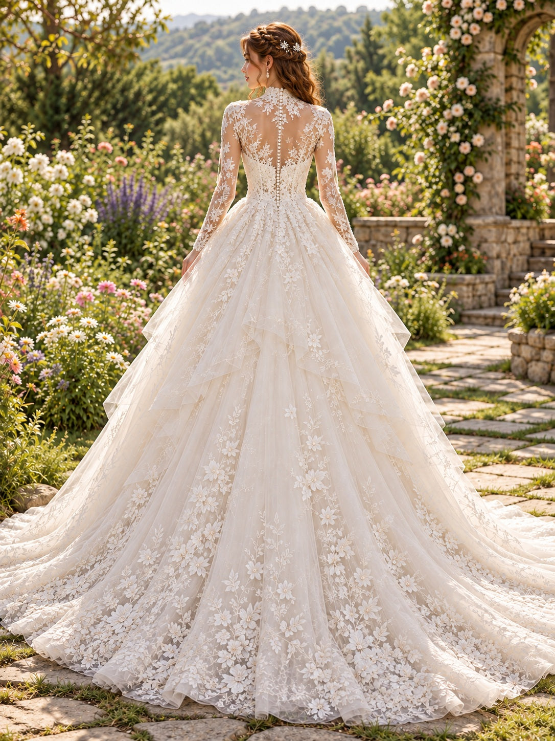 Langärmliges, florales Ballkleid aus Spitze und Tüll im Gartenstil mit Hofschleppe und Brautkleid-Design