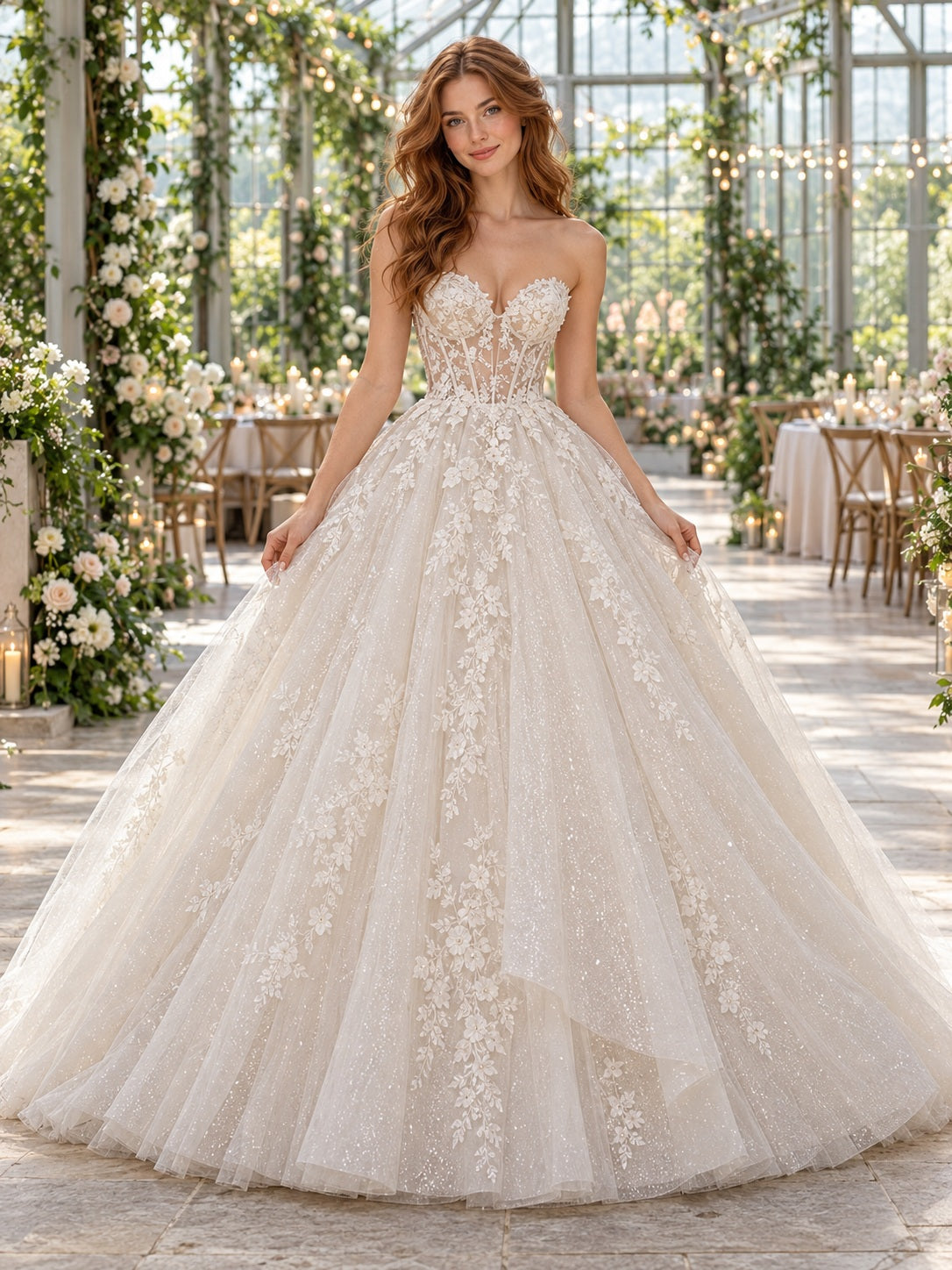 Trägerloses, herzförmig ausgeschnittenes Ballkleid aus floraler Spitze und Tüll mit Hofschleppe – Brautkleid