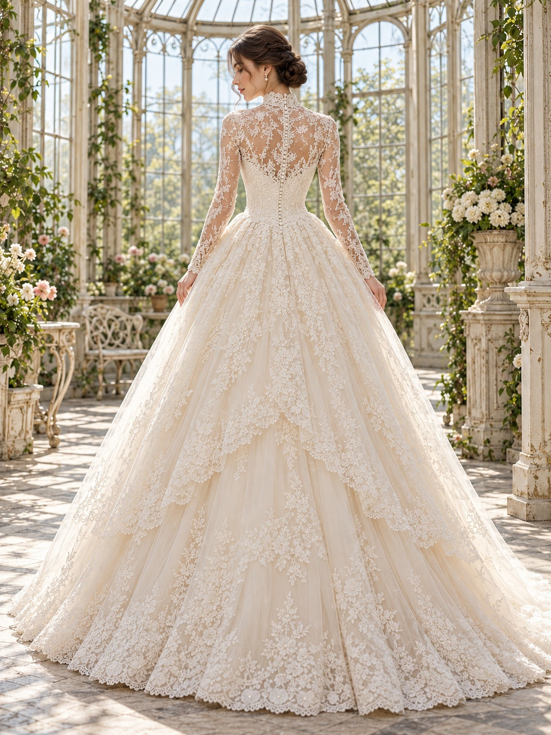 Robe de mariée vintage modeste à col montant, manches longues, jupe de bal à volants en dentelle