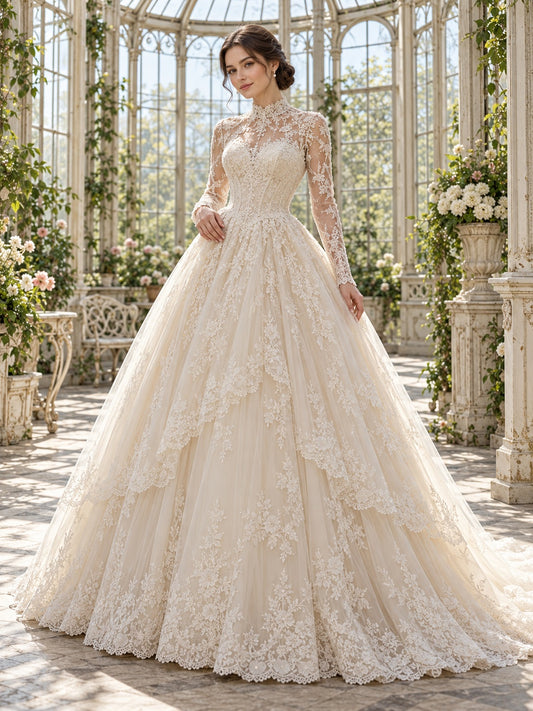 Vintage Modest High Neck Long Sleeve Tiered Lace Ball Gown Wedding Dress — image 1, style 747963