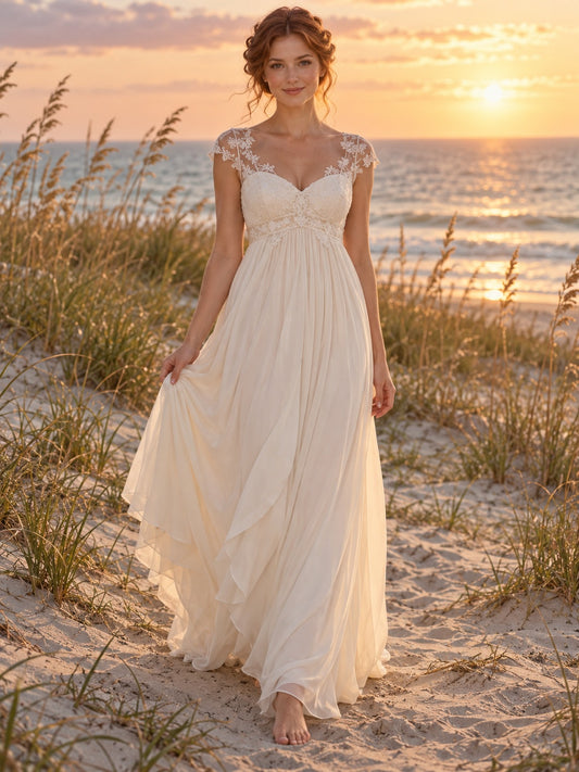Robe de mariée Beach Empire longueur sol à bretelles en mousseline, dentelle florale et encolure cœur