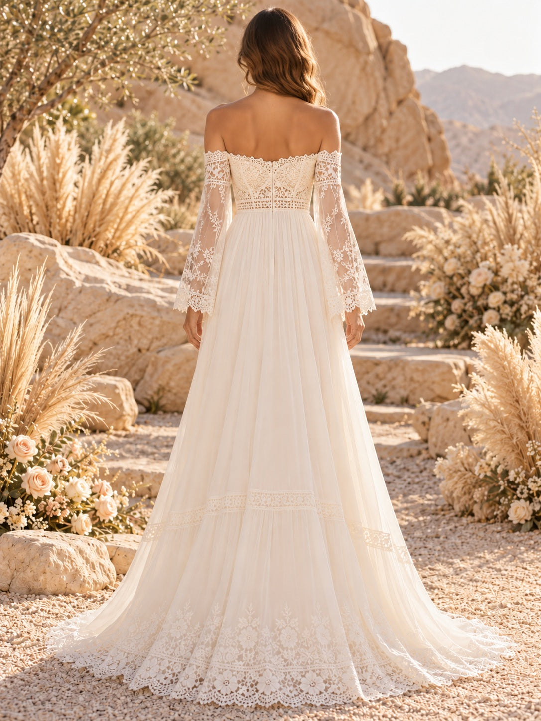 Boho Empire Off Shoulder Long Bell Sleeve Lace Chiffon Wedding Dress — image 2, style 747976