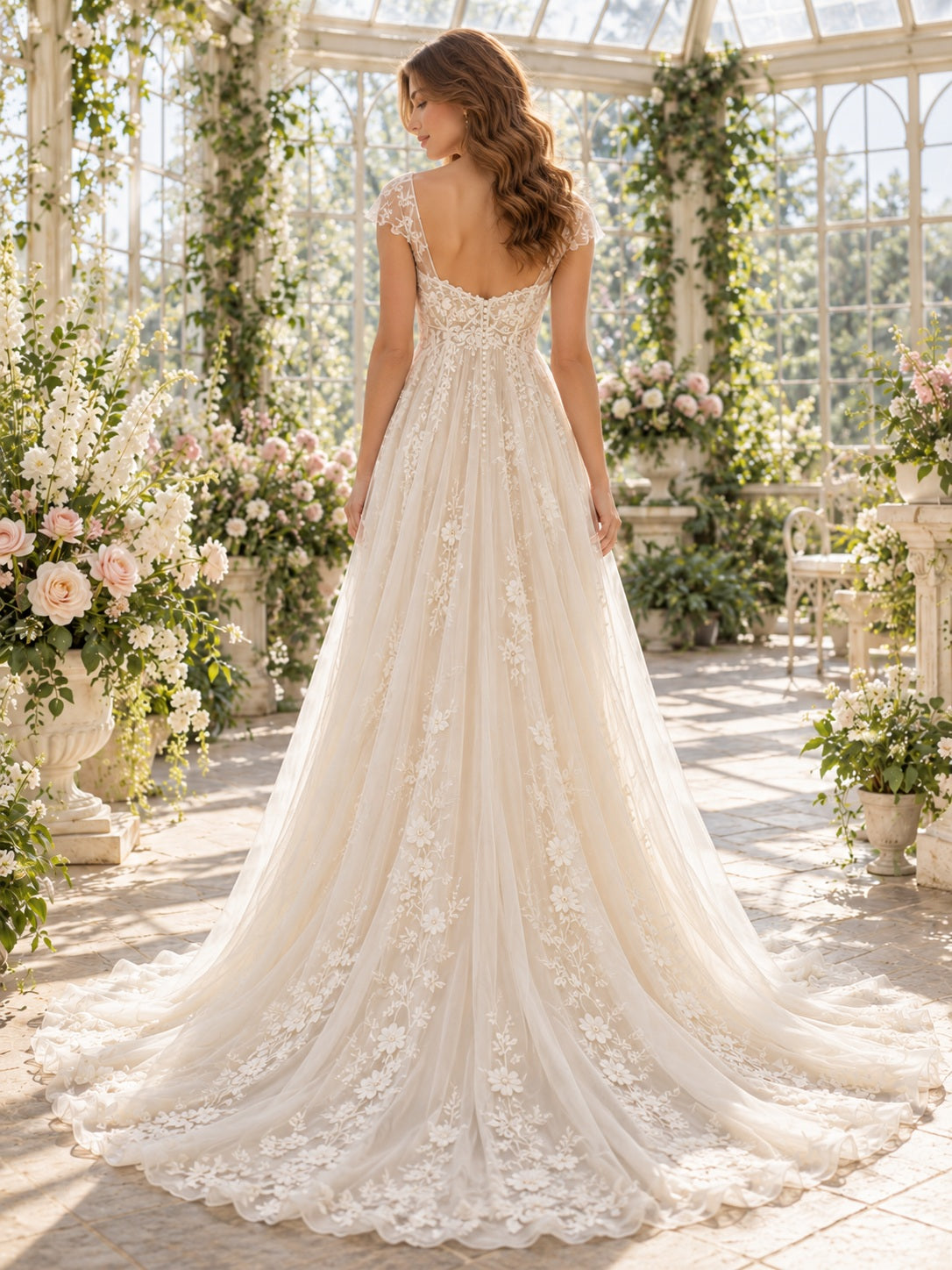Boho-Brautkleid in Champagner mit Empire-Linie, herzförmigem Ausschnitt, floraler Spitze, Flügelärmeln und Schleppe
