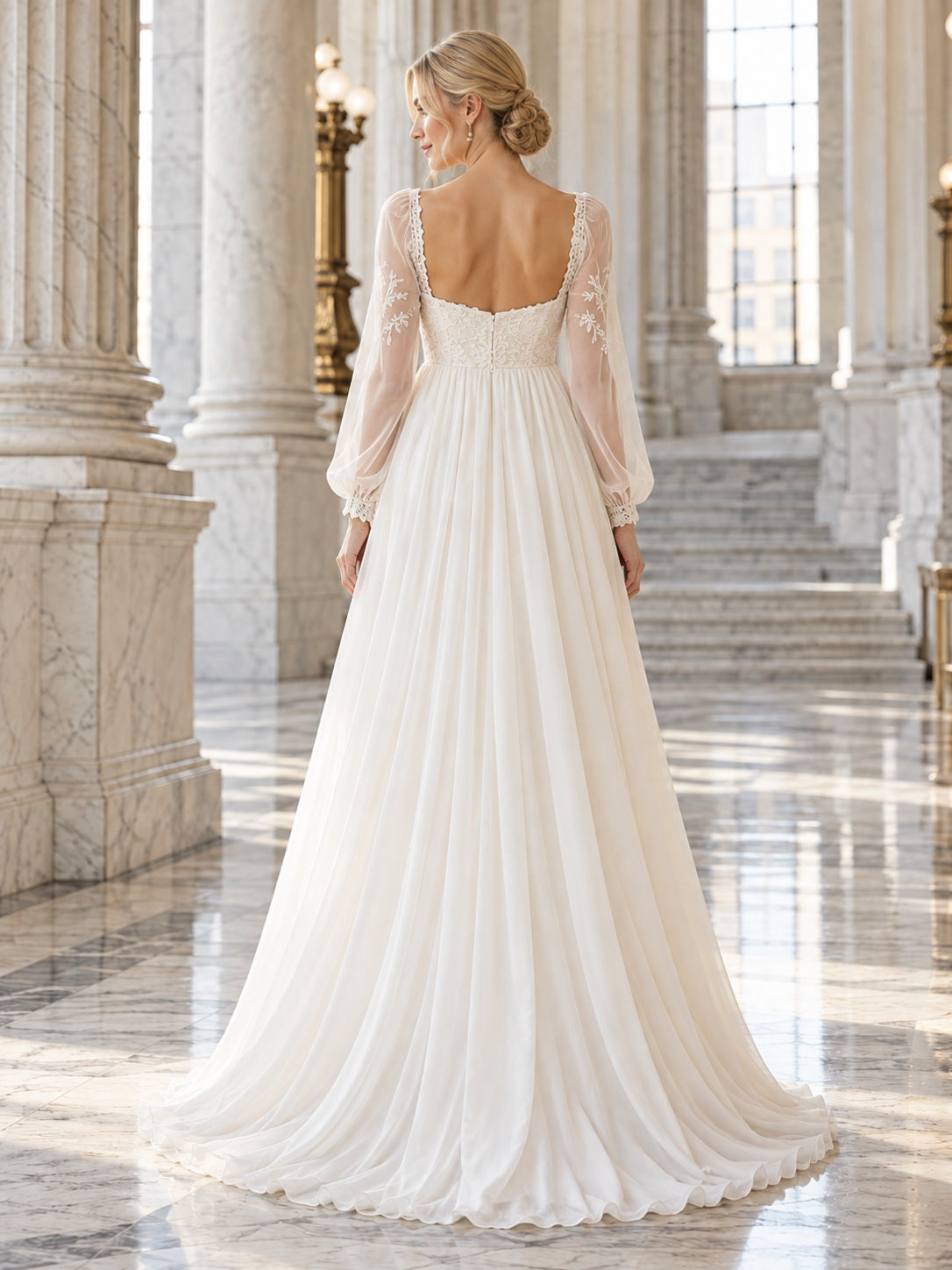Vestido de novia de encaje y gasa en marfil, corte imperio, escote corazón, manga larga y cola corta