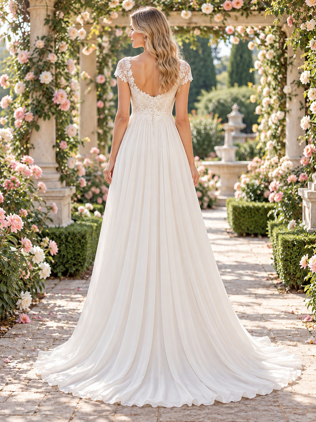 Garden Empire Sweetheart Floral Lace Chiffon Cap Sleeve Train Wedding Dress — image 2, style 747995