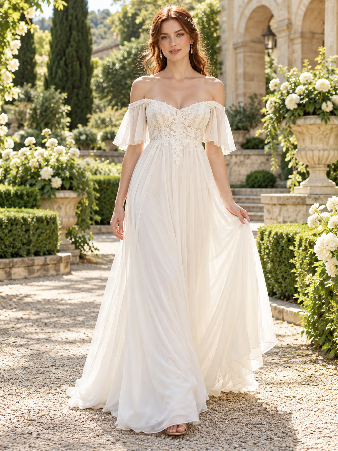 Garden Empire Off Shoulder Sweetheart Lace Chiffon Bell Sleeve Wedding Dress — image 1, style 747997