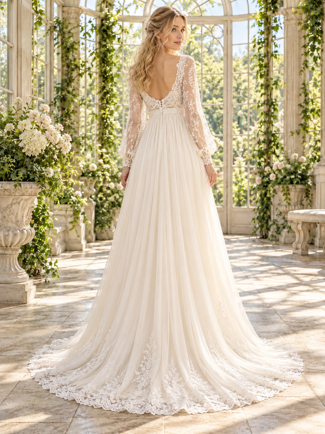 Vestido de novia de encaje y gasa en marfil, de inspiración vintage, corte imperio, escote redondo cerrado, manga larga y cola corta