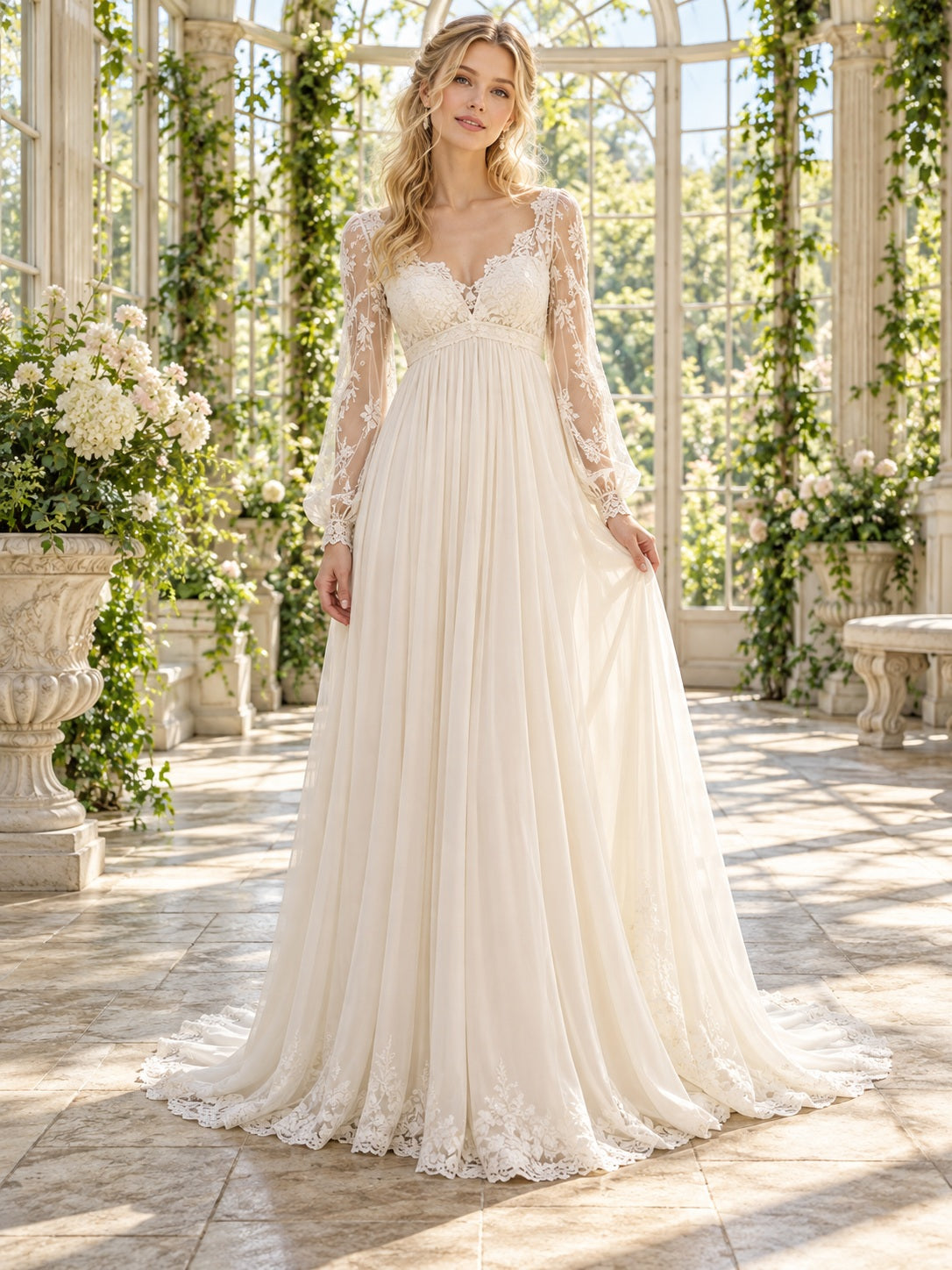 Vestido de novia de encaje y gasa en marfil, de inspiración vintage, corte imperio, escote redondo cerrado, manga larga y cola corta