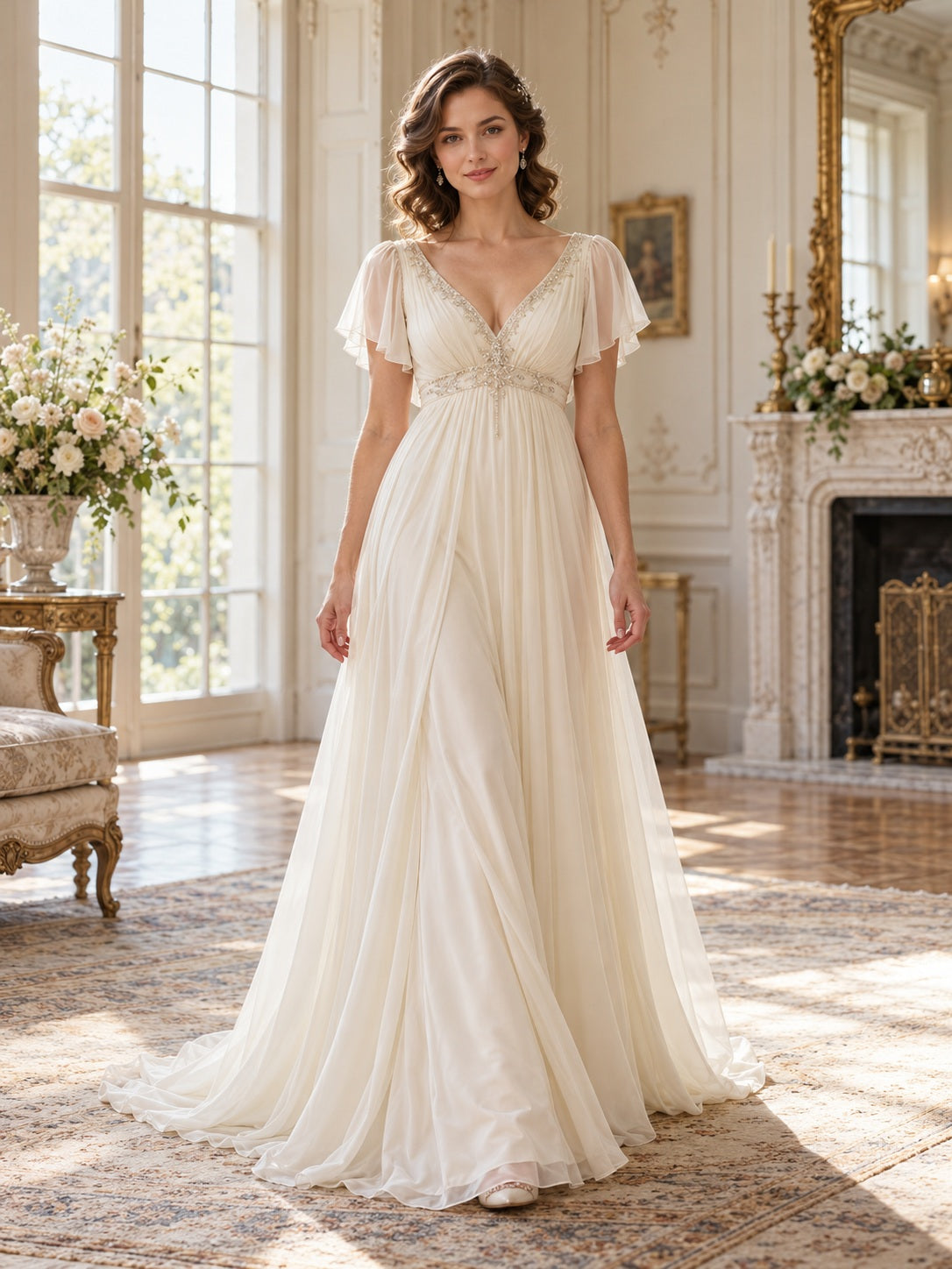 Vintage Empire V Neck Chiffon Beaded Short Sleeve Train Wedding Dress — image 1, style 748006