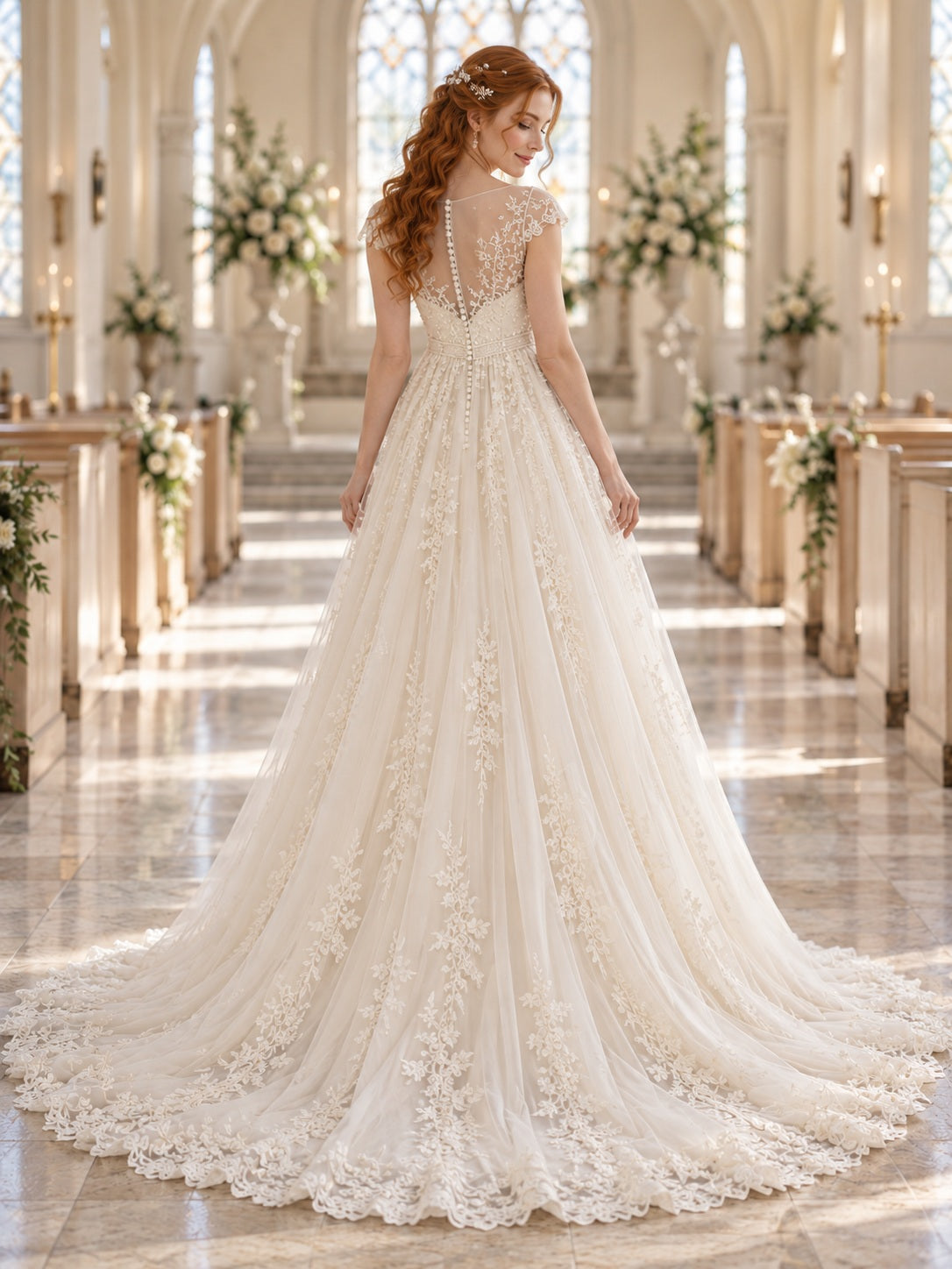 Vintage Empire Jewel Neck Floral Lace Tulle Cap Sleeve Wedding Dress — image 2, style 748007