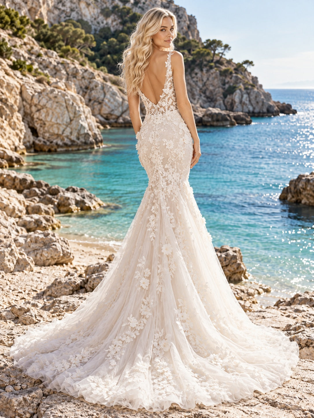 Mermaid Beach V Neck Floral Lace Tulle Straps Train Wedding Dress — image 2, style 748018