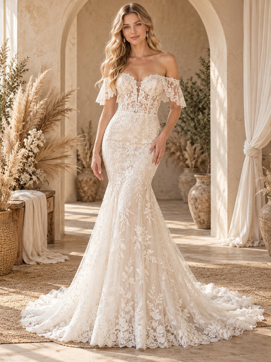 Boho-Meerjungfrau-Hochzeitskleid mit schulterfreiem herzförmigem Ausschnitt, floraler Spitze, langer Schleppe