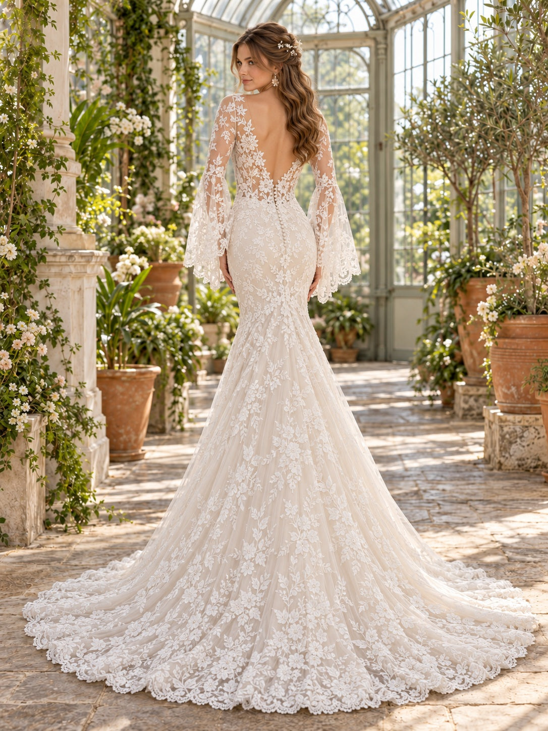 Robe de mariée bohème sirène en dentelle florale à longues manches cloche et traîne de cour