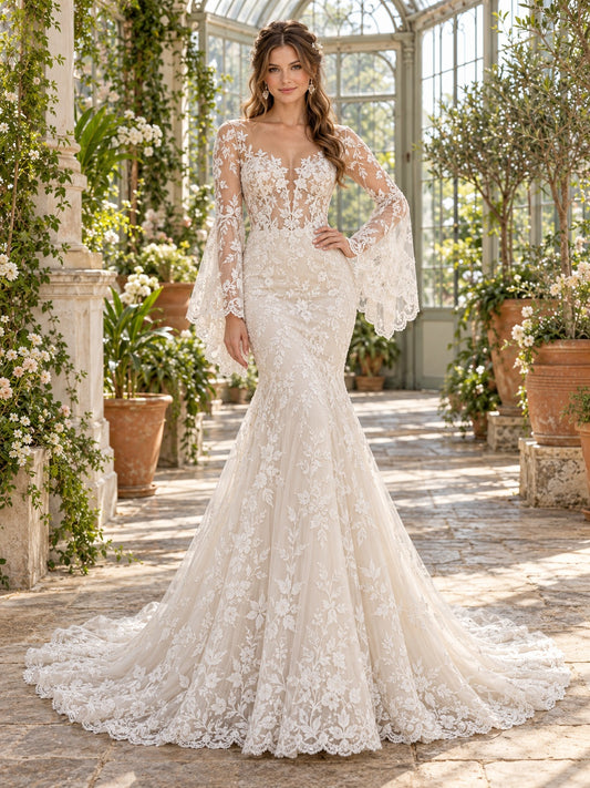 Boho-Meerjungfrau-Hochzeitskleid mit langen Glockenärmeln, floraler Spitze und langer Schleppe