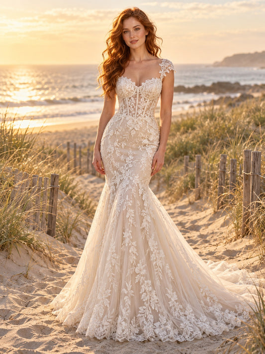 Boho Mermaid Sweetheart Floral Lace Tulle Cap Sleeve Train Wedding Dress — image 1, style 748024