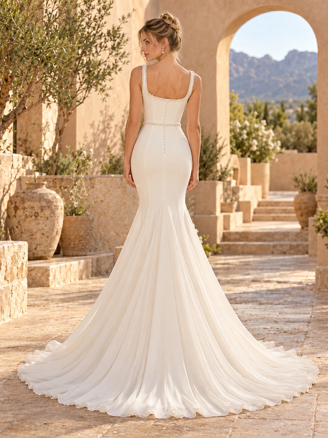 Vestido de novia de satén en marfil, corte sirena, escote cuadrado, sin mangas y cola corta