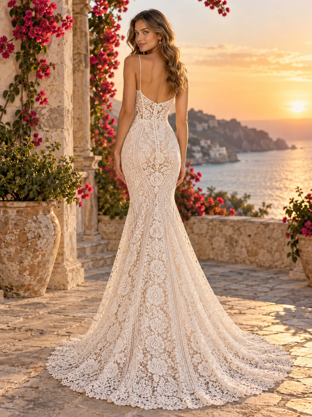 Boho Meerjungfrau Champagner Destination Herzchen Geometrische Spitze Trägerloses Hochzeitskleid