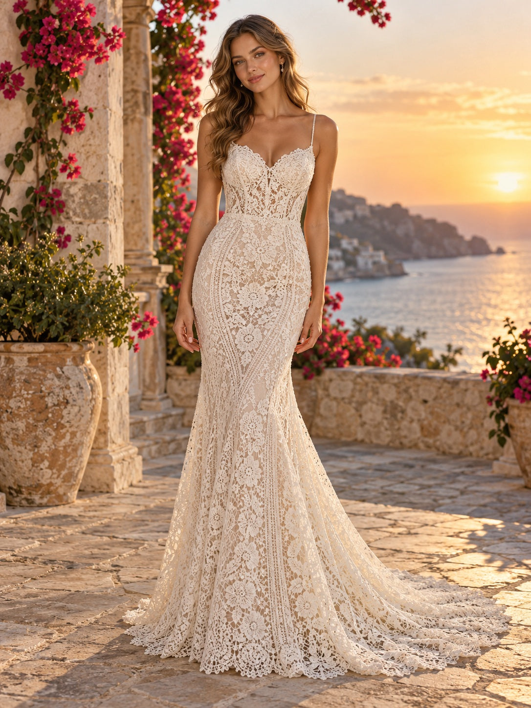 Boho Meerjungfrau Champagner Destination Herzchen Geometrische Spitze Trägerloses Hochzeitskleid