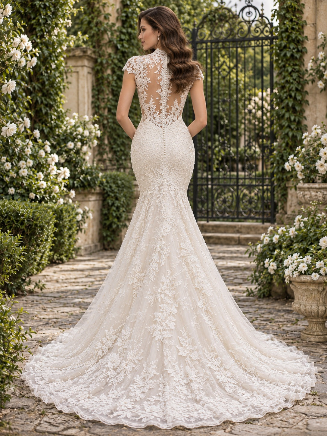 Mermaid High Neck Garden Floral Lace Cap Sleeve Court Train Wedding Dress — image 2, style 748043