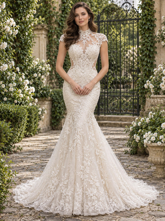 Mermaid High Neck Garden Floral Lace Cap Sleeve Court Train Wedding Dress — image 1, style 748043