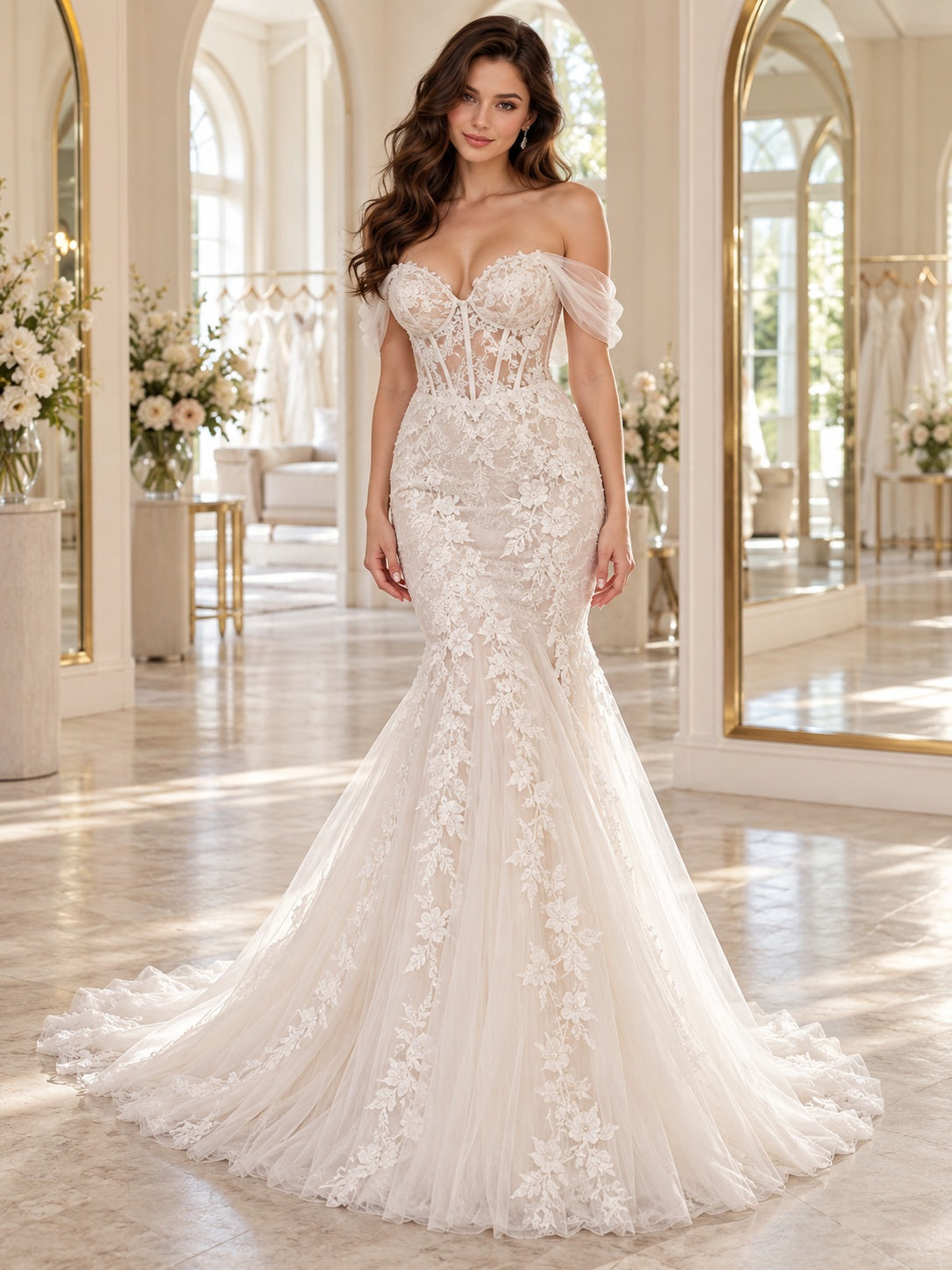 Mermaid Off Shoulder Sweetheart Floral Lace Tulle Train Reception Wedding Dress — image 1, style 748046