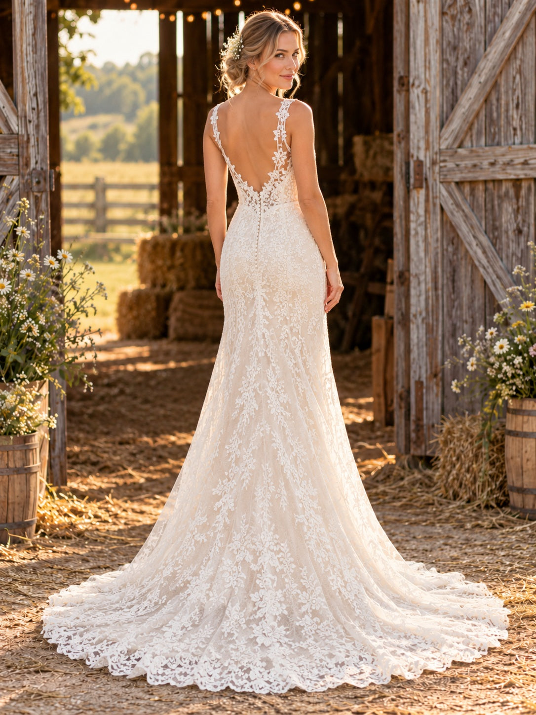 Robe de mariée sirène Country Sweetheart à bretelles en dentelle florale et traîne balayage