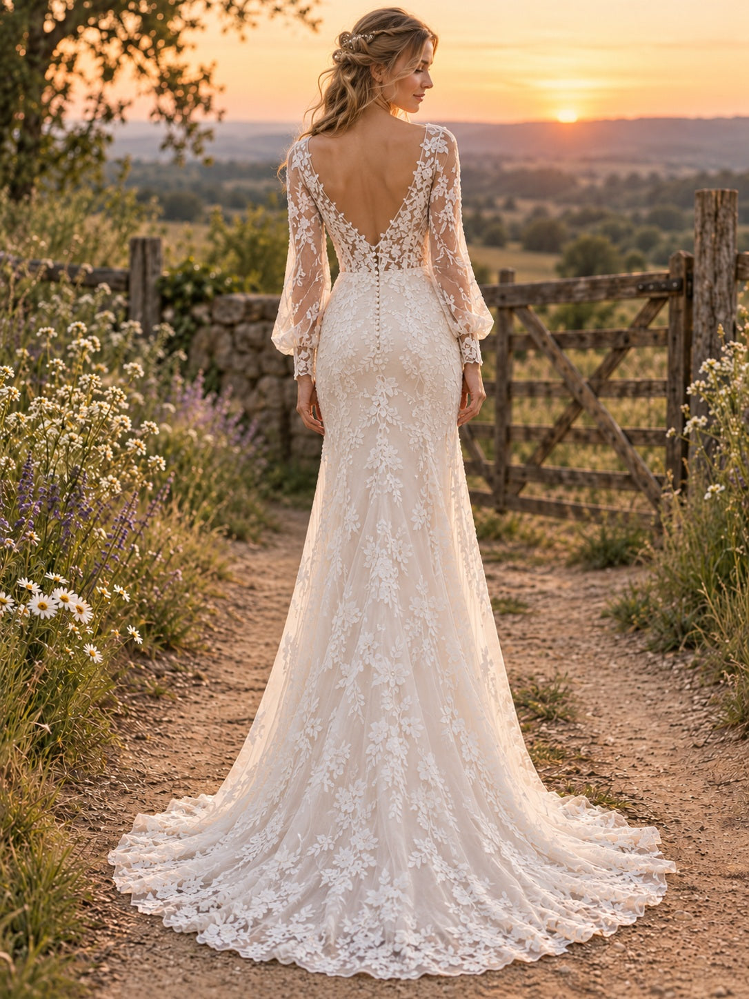 Robe de mariée fourreau en dentelle florale à manches longues style poète et col en V, style champêtre