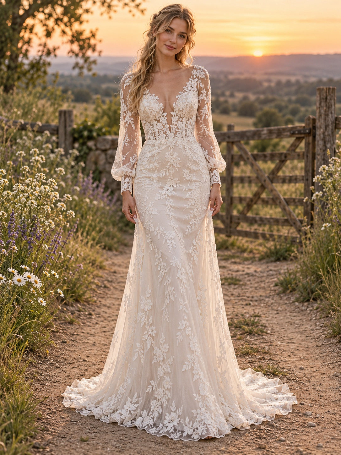 Robe de mariée fourreau en dentelle florale à manches longues style poète et col en V, style champêtre