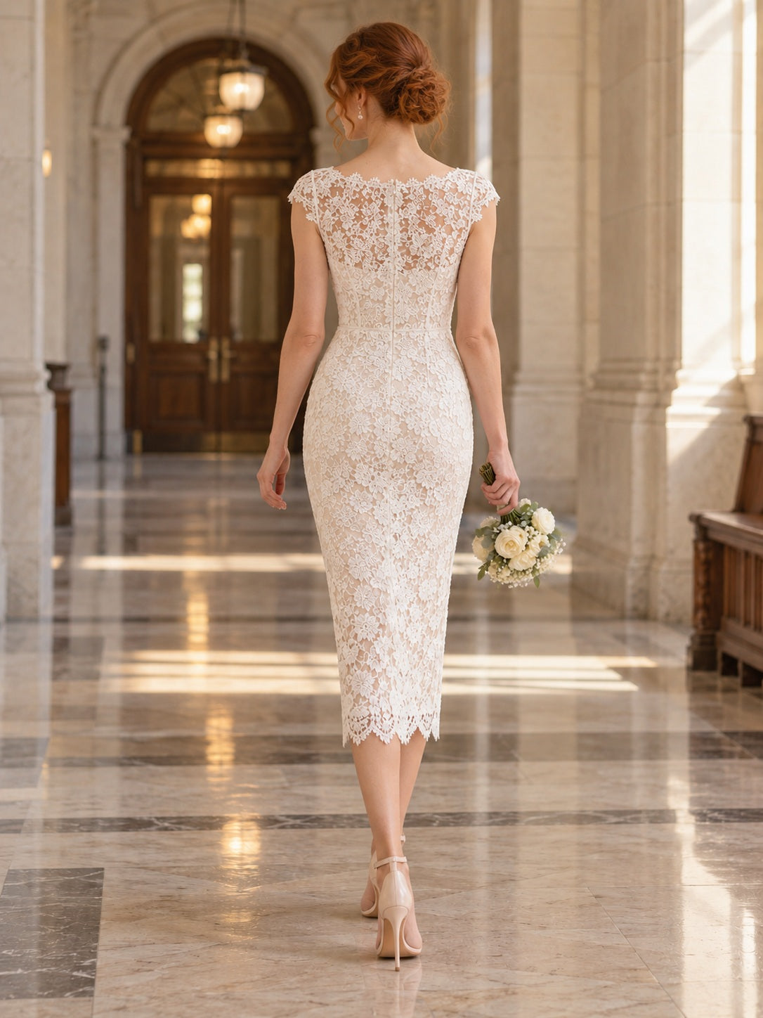 Vintage Tea-length Courthouse Jewel Neck Sheath Floral Lace Cap Wedding Dress — image 2, style 748076