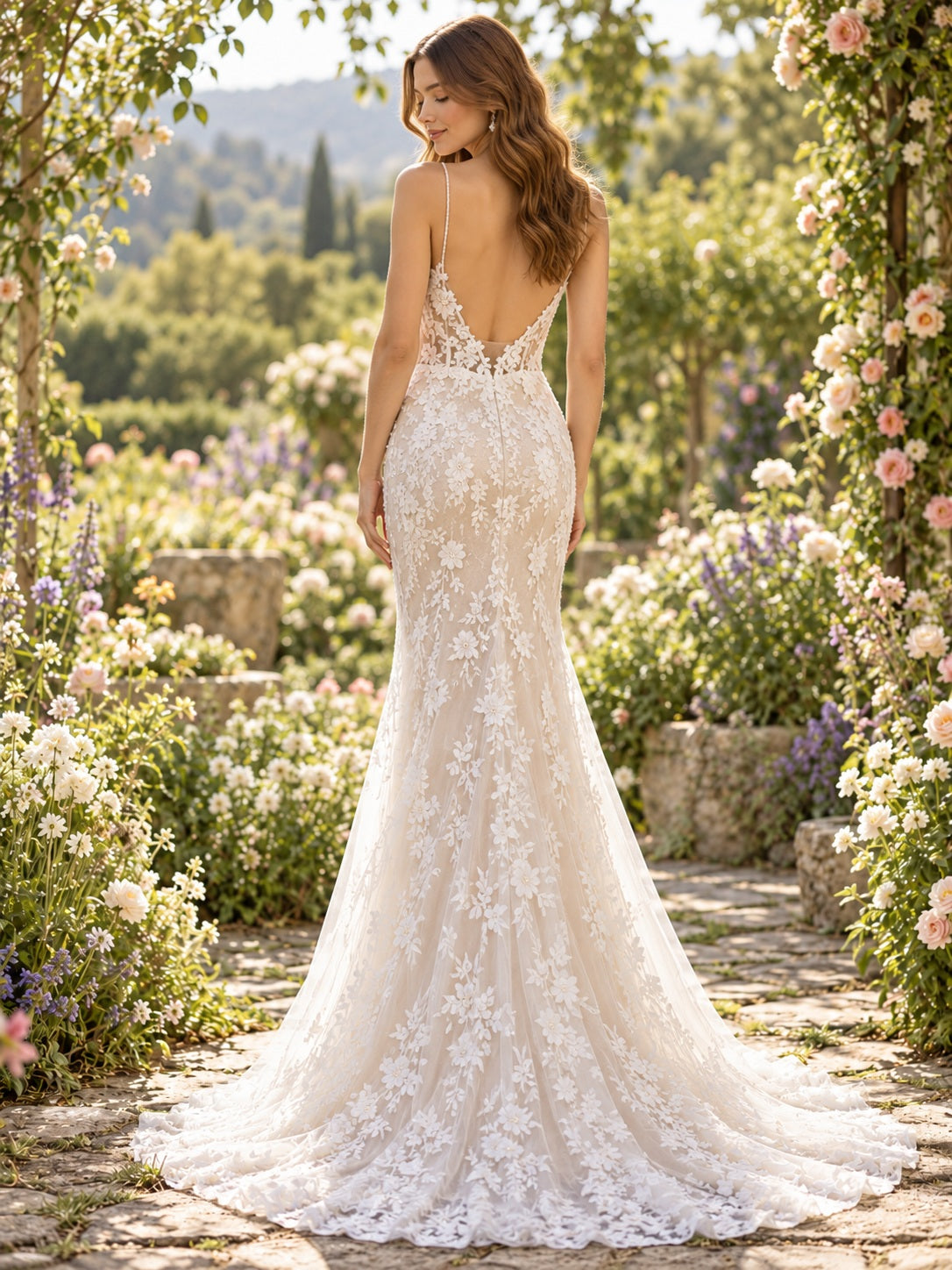 Garden Sweetheart Sheath Floral Lace Tulle Spaghetti Strap Train Wedding Dress — image 2, style 748088