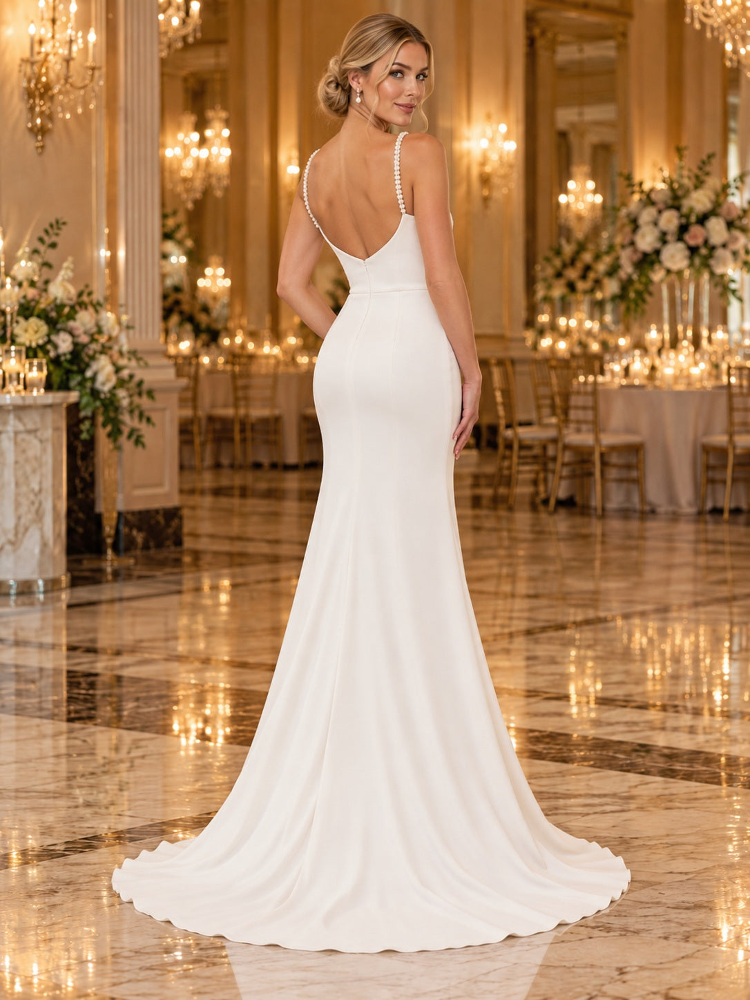 Schlichtes, figurbetontes Satin-Brautkleid mit eckigem Ausschnitt, Spaghettiträgern, Schlitz und Schleppe