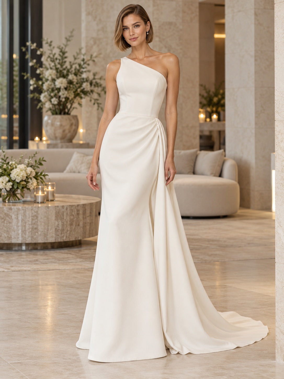 Schlichtes One-Shoulder-Brautkleid aus Satin in Etui-Passform mit seitlicher Raffung, Drapierung und Schleppe