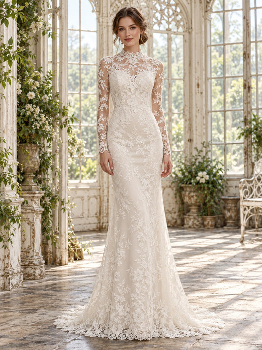 Vintage Modest High Neck Long Sleeve Sheath Lace Train Wedding Dress — image 1, style 748097