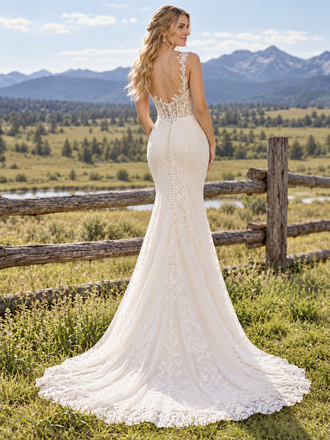 Vestido de novia de satén y encaje en marfil, corte recto, escote corazón, sin mangas y cola corta