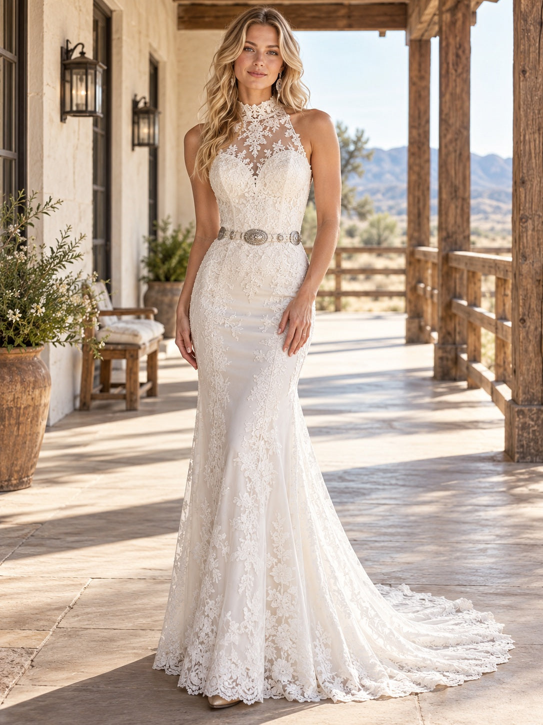 Robe de mariée fourreau de style occidental à col montant, dos nu, dentelle florale, ceinture et traîne