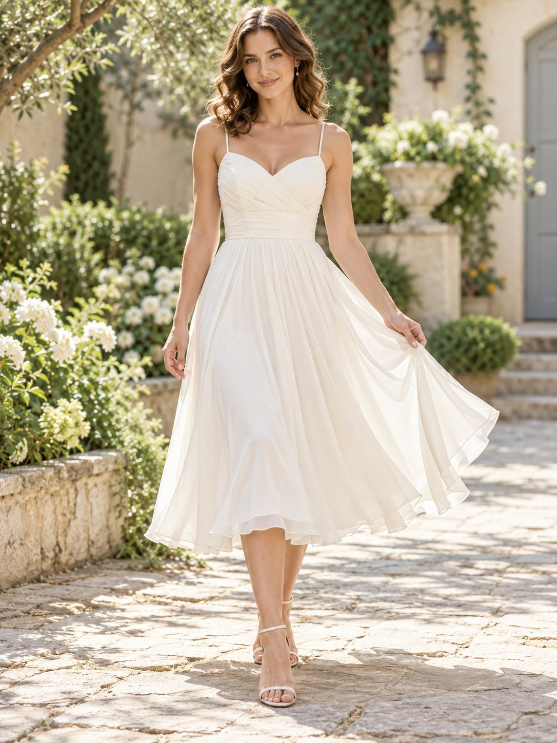 Simple Casual Tea-length Sweetheart A-line Chiffon Spaghetti Ruched Wedding Dress — image 1, style 748106