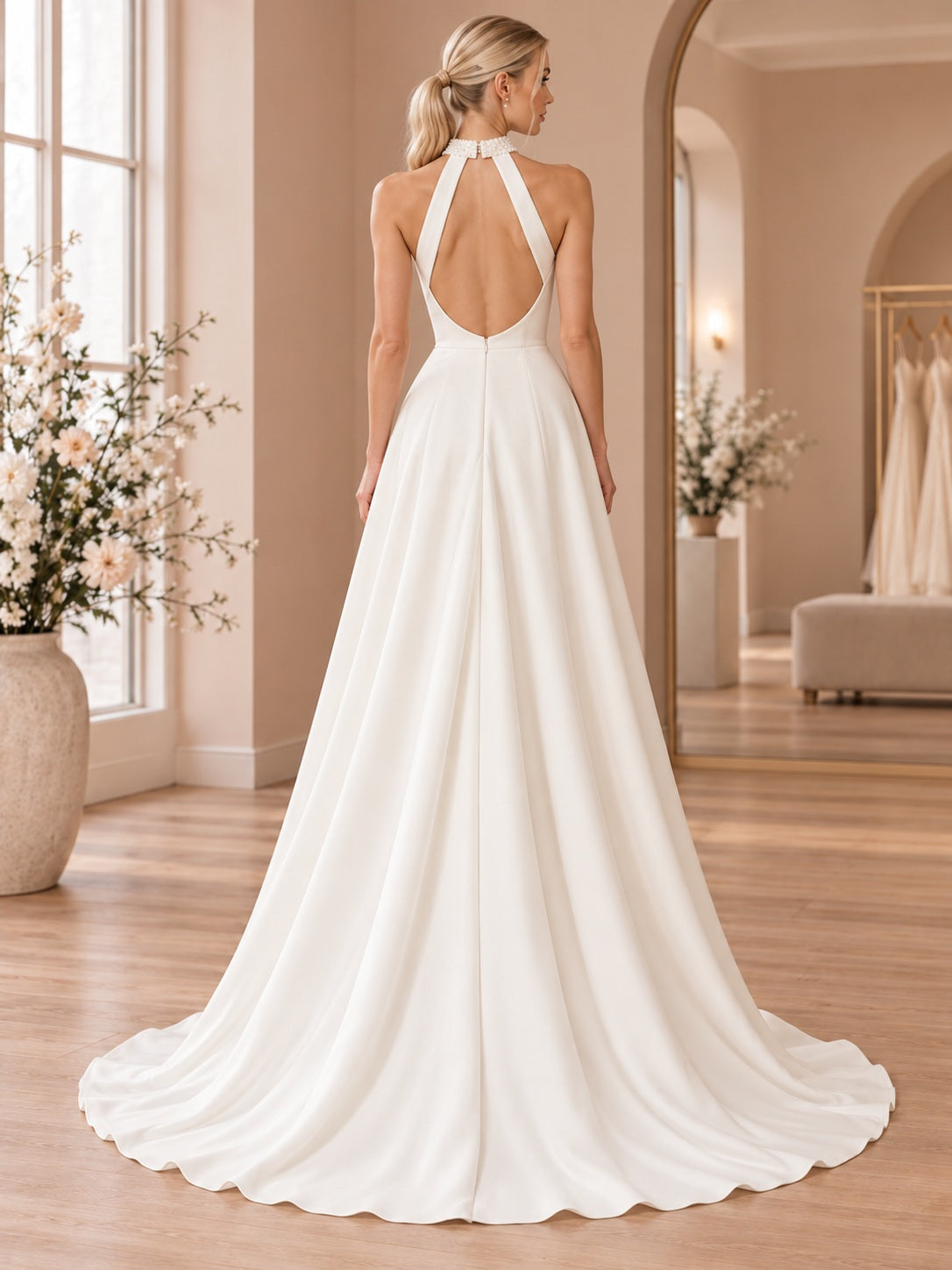 Robe de mariée simple en satin, sans manches, coupe trapèze, col montant dos nu et traîne courte