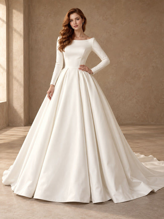 Vestido de novia de satén en marfil, corte princesa, escote barco, manga larga y cola corta