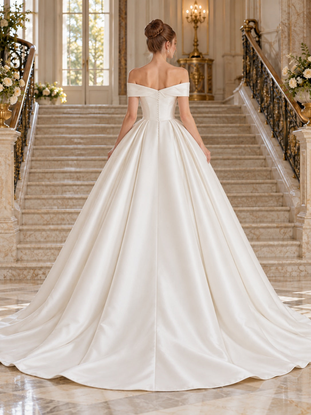 Simple Off Shoulder V-Neck Ruched Satin Pleated Full Ball Gown Court Train Wedding Dress — image 2, style 748192