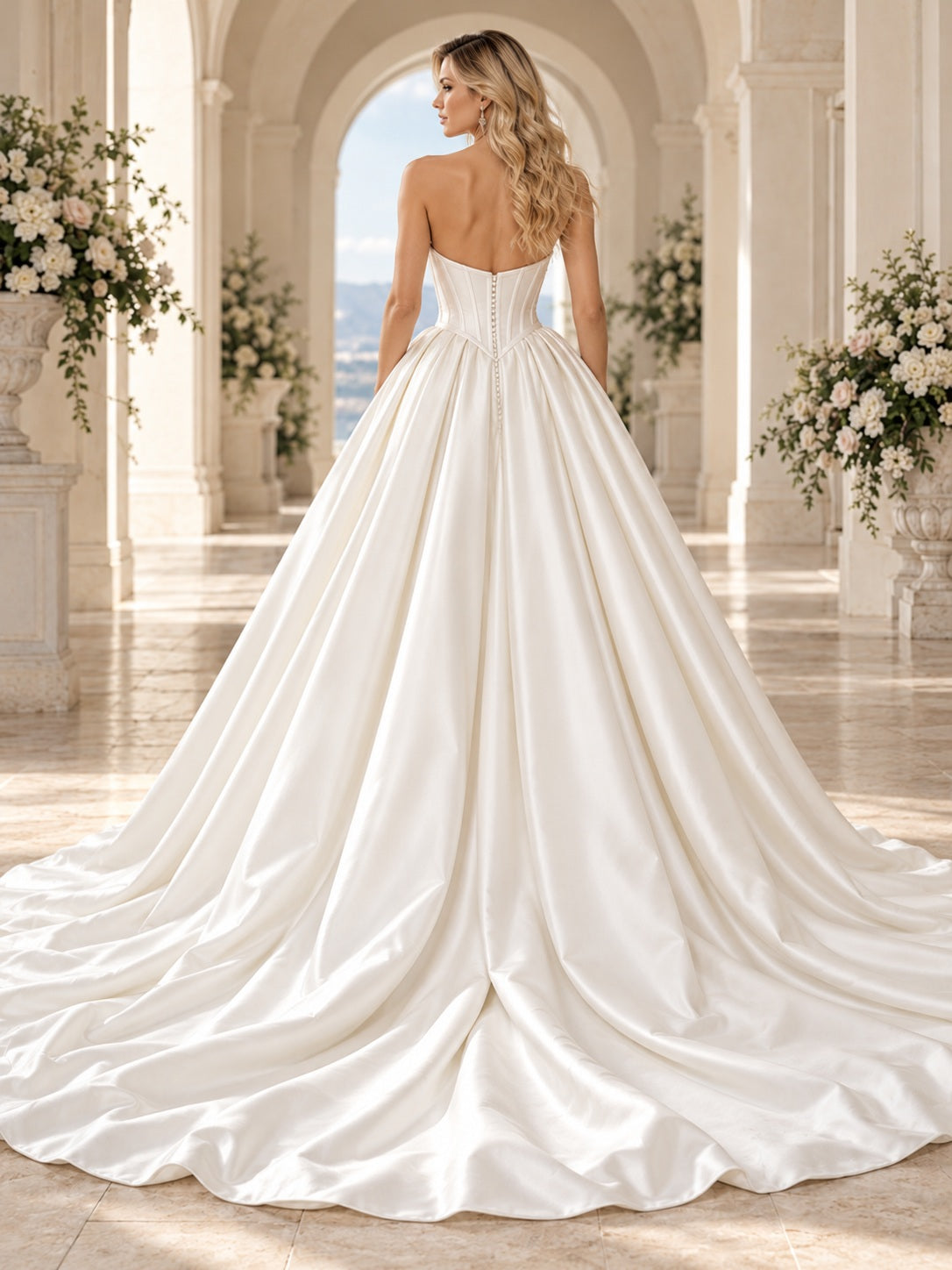 Vestido de novia de satén en marfil, corte princesa, sin tirantes y escote corazón y cola capilla