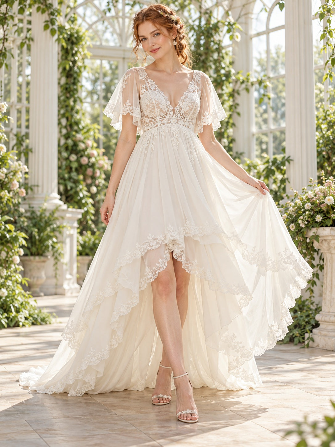 Fließendes Hochzeitskleid in Empire-Linie mit asymmetrischem Saum, V-Ausschnitt, Neckholder-Schleifenärmeln, floraler Spitze und Rüschen aus Chiffon
