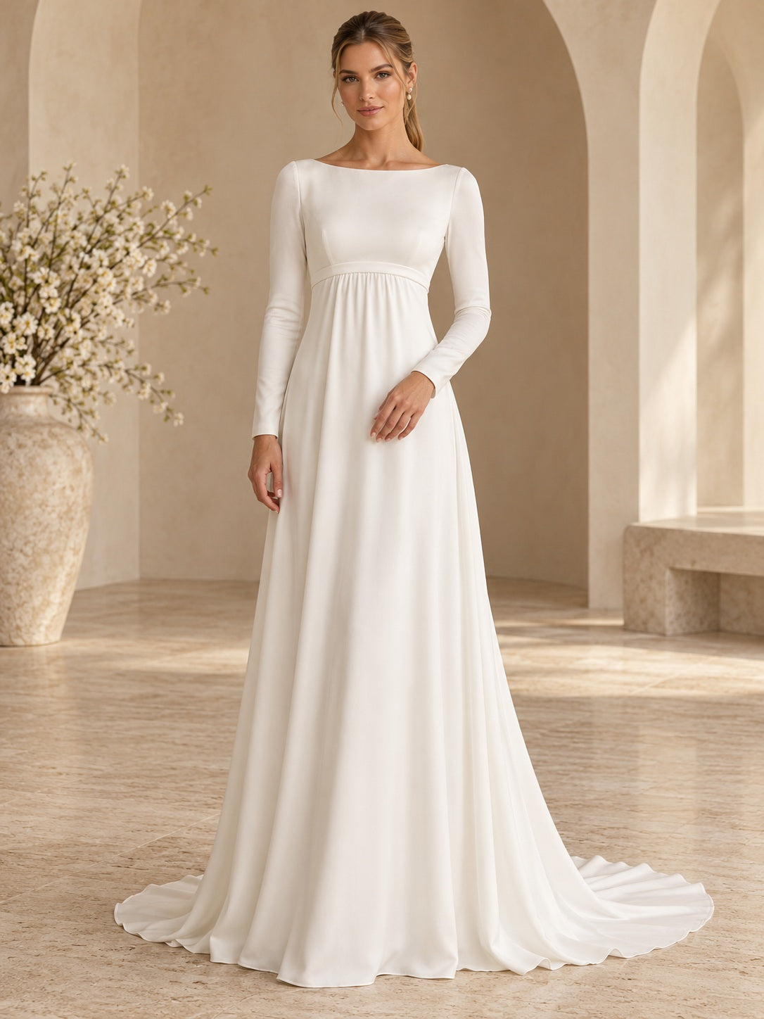 Schlichtes, dezentes, bodenlanges Brautkleid aus Chiffon mit Empire-Linie, Bateau-Ausschnitt, langen Ärmeln, Raffungen, fließendem Schnitt und Schleppe
