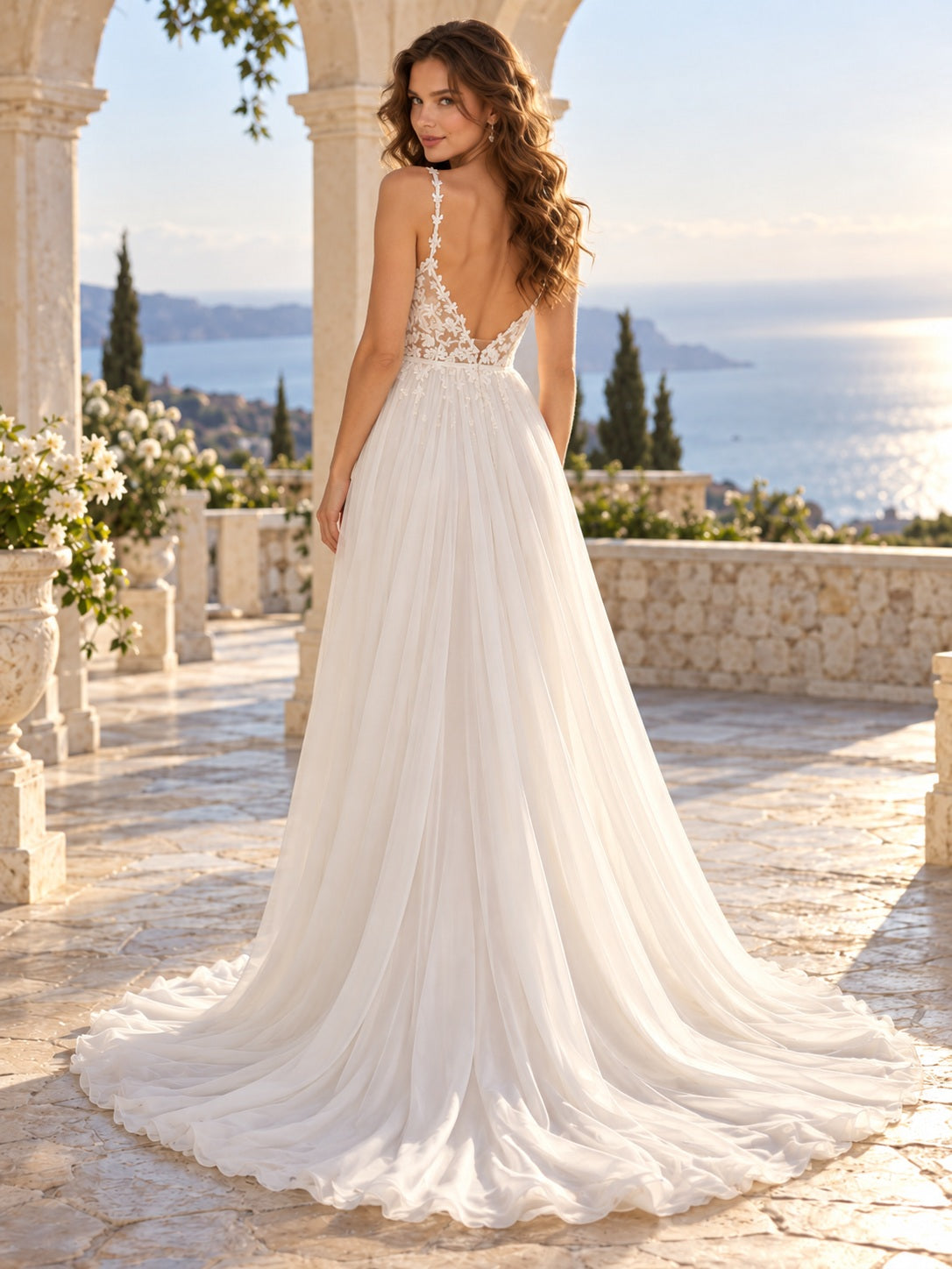 Sexy Empire-Brautkleid mit V-Ausschnitt, Blumenmuster, Trägern, Spitze, fließendem Chiffon und tiefem Rückenausschnitt