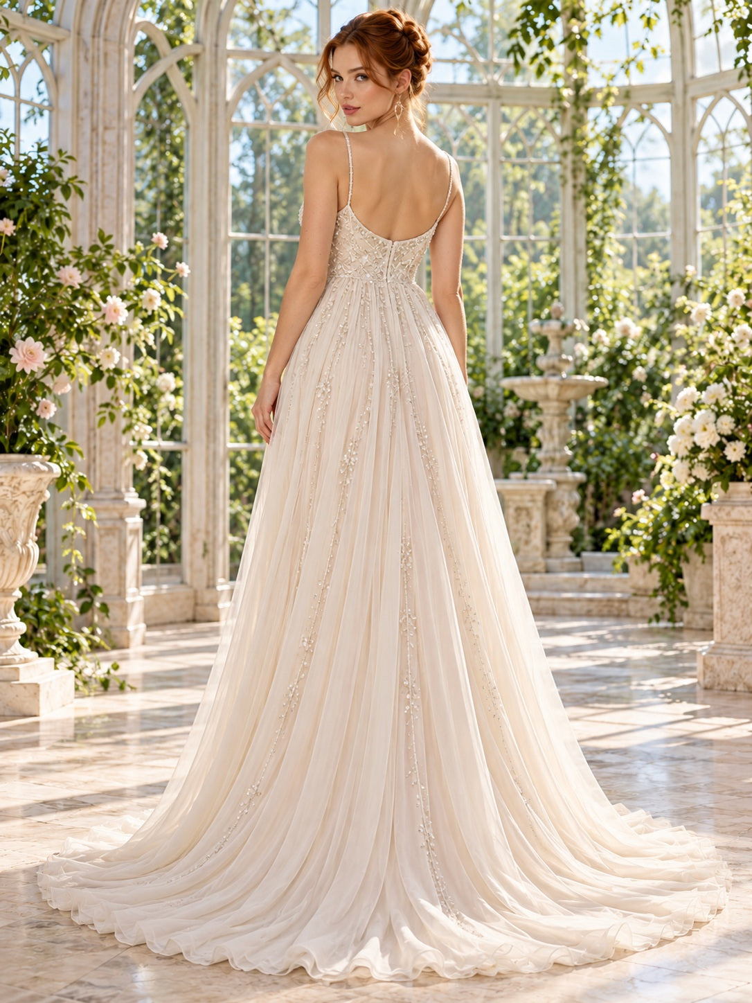 Empire Champagne Cowl Spaghetti Beaded Chiffon Flowing Slit Sweep Train Wedding Dress — image 2, style 748253