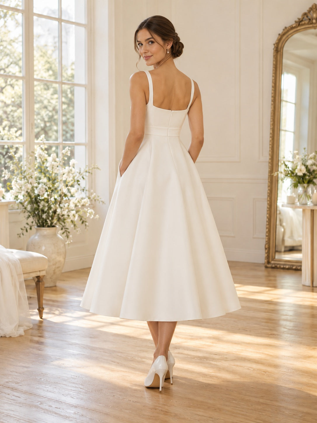 Vestido de novia de satén en marfil, corte imperio, escote cuadrado, sin mangas y largo a media pierna